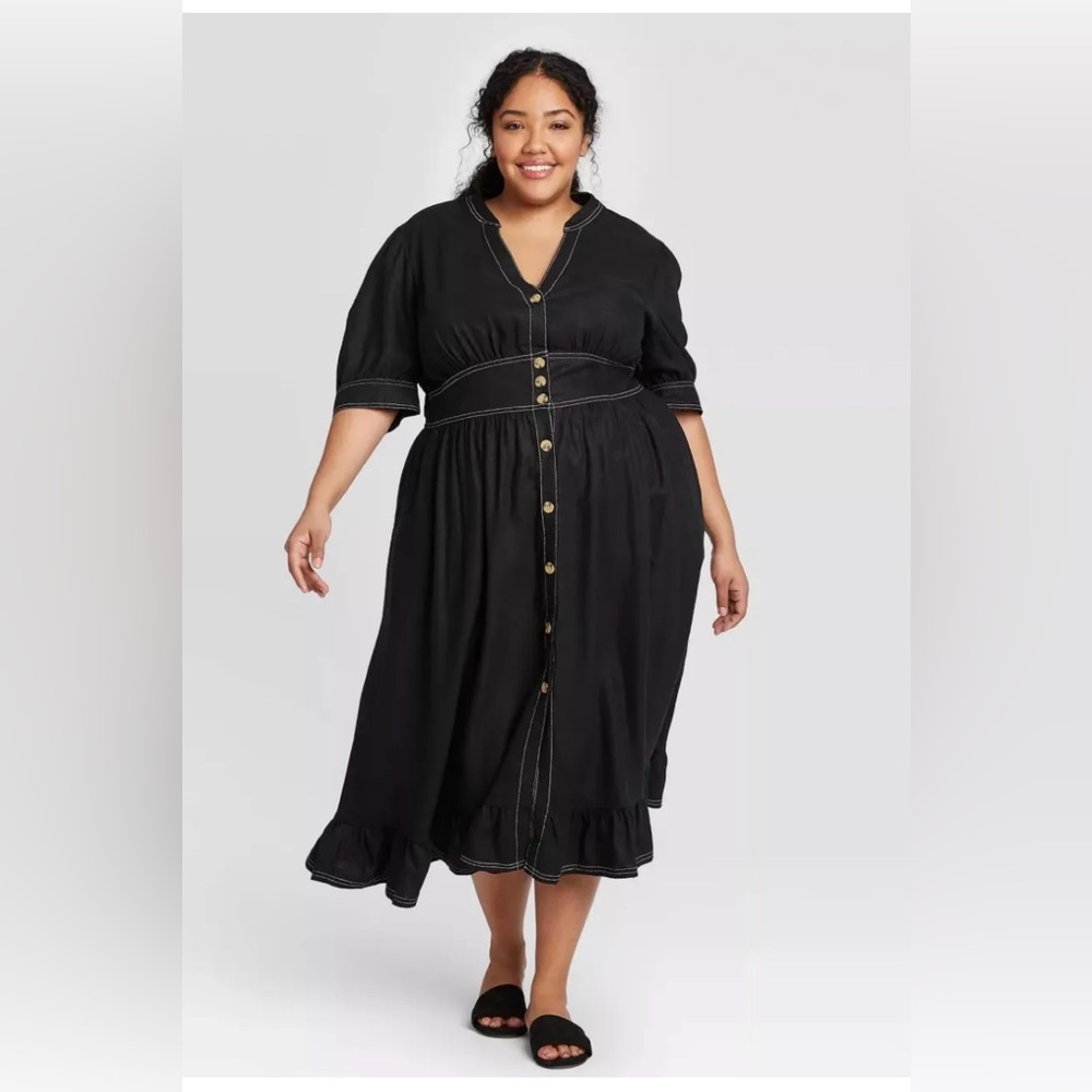 Who What Wear Black Midi Dress with Gold Buttons